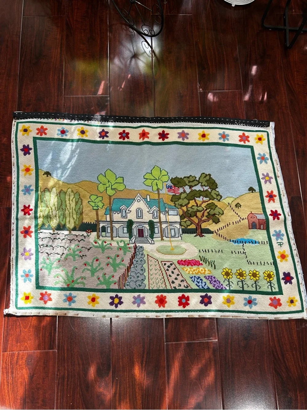 Vintage Handcrafted Needlepoint Tapestry – Country Estate & Garden Scene